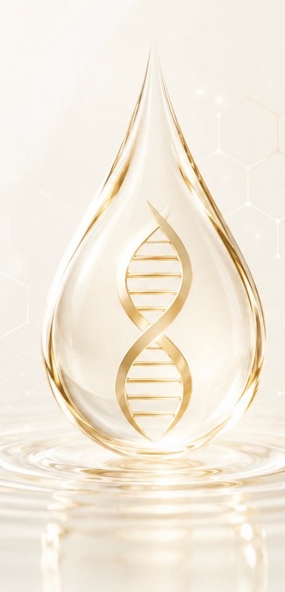 Gold droplet containing a DNA double helix, resting on rippling water